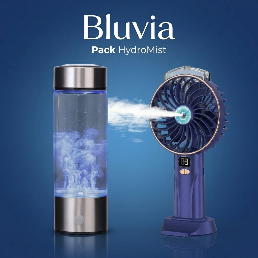 Pack HydroMist - Botella Hidrogenada + Ventilador Nebulizador Bluvia